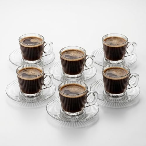 Alternative view of 6’lı Cam Kahve Fincanı Seti Çizgili Desenli Şeffaf Fincan ve Tabak Takımı 8 cm Espresso Türk Kahvesi Sunum Seti