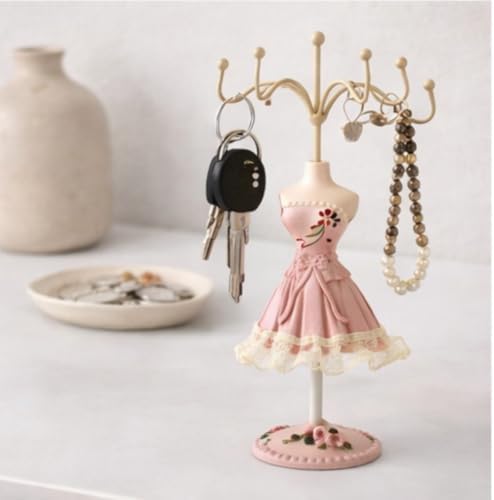 Pembe Elbiseli Manken Takı Standı, Çiçek Desenli, Metal Kancalı, Kolye ve Küpe Tutucu, Tarz