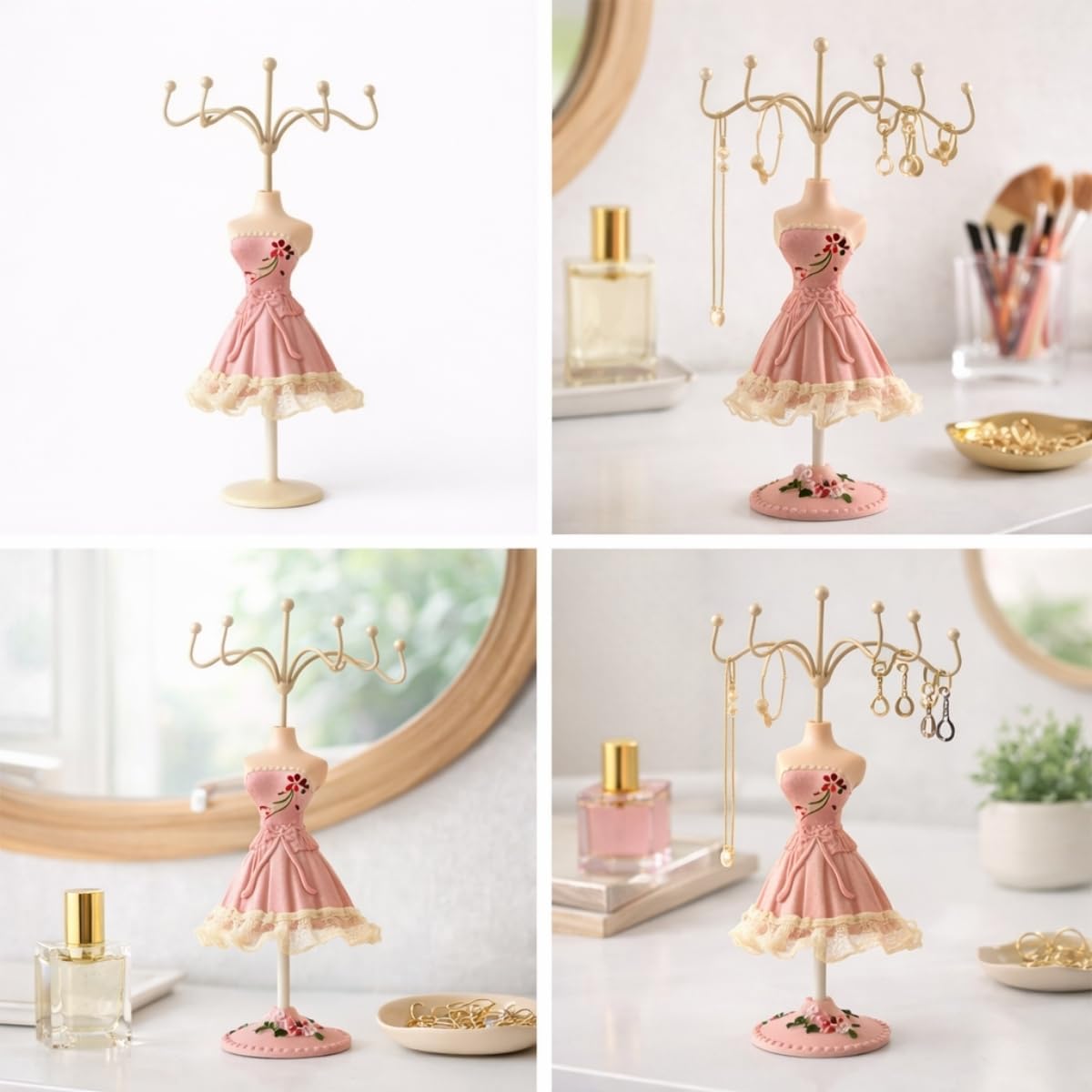 Alternative view of Pembe Elbiseli Manken Takı Standı, Çiçek Desenli, Metal Kancalı, Kolye ve Küpe Tutucu, Tarz