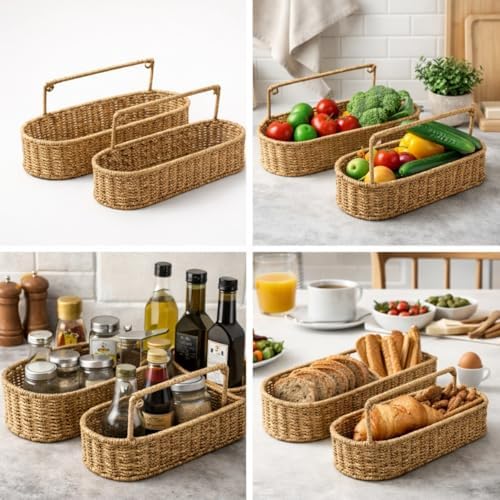 El Dokuması Hasır Oval Sepet Seti, Doğal Hasır Lifi, 2'li Set, Saplı, 30x10x15 cm ve 20x7x11 cm