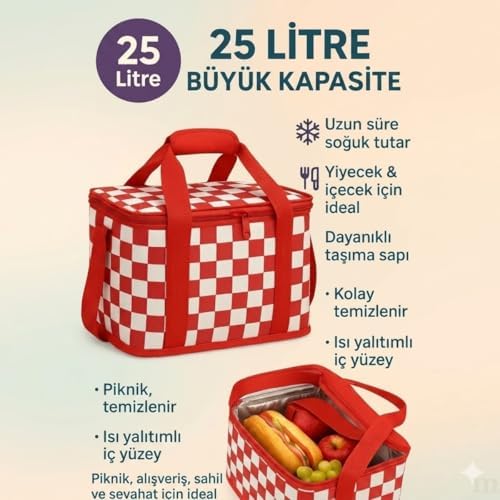 Alternative view of 25L Termal Piknik Snoğutucu Çanta, Kırmızı Damalı, Su Geçirmez, Katlanabilir, Kamp ve Plaj İçi