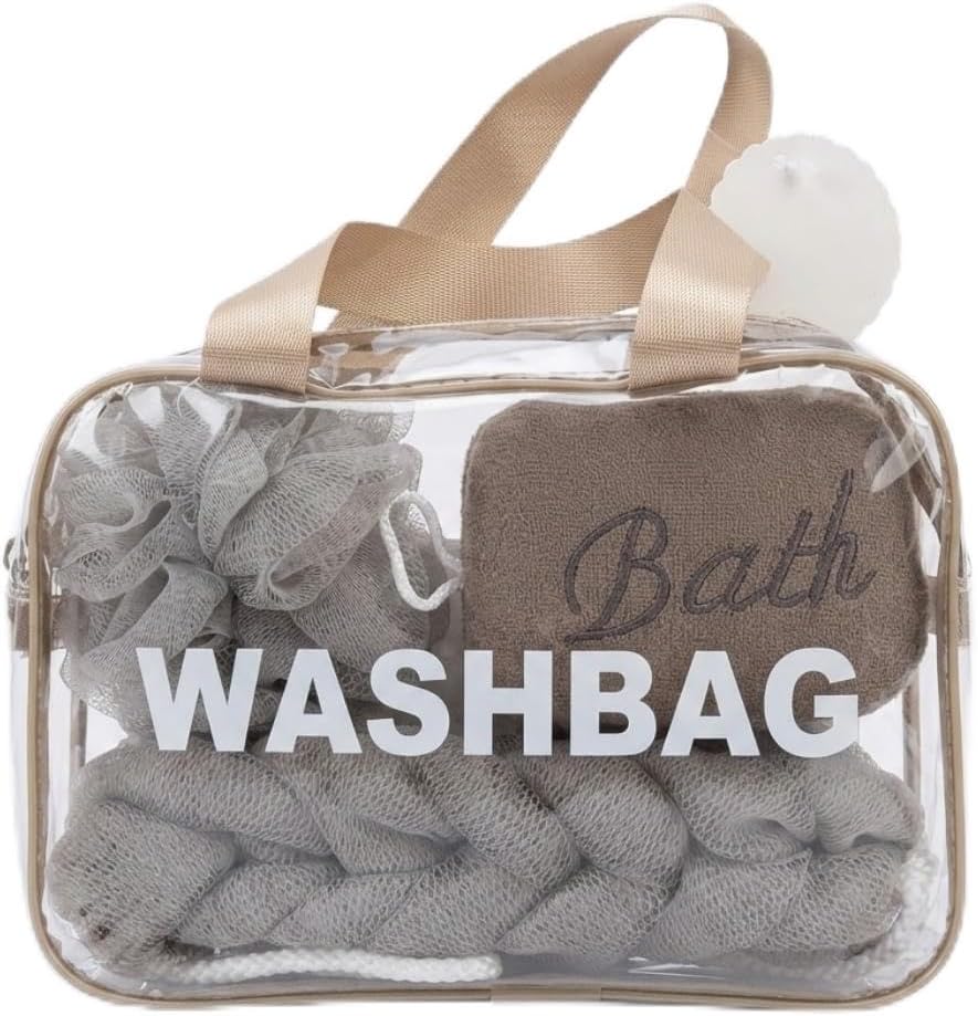 Alternative view of 4 Parça Şeffaf Banyo ve Makyaj Çantası Seti - Gri Banyo Lifi, Örgülü Sırt Kesesi ve El Havlusu - Su Geçirmez Seyahat Organizeri (Washbag)