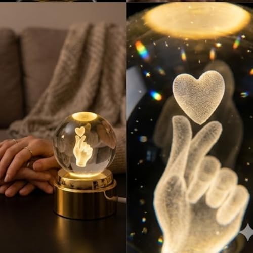 3D Kristal Küre Gece Lambası, Parmak Kalp Tasarımlı, LED Aydınlatmalı, Ahşap Tabanlı, Romantik Hediye