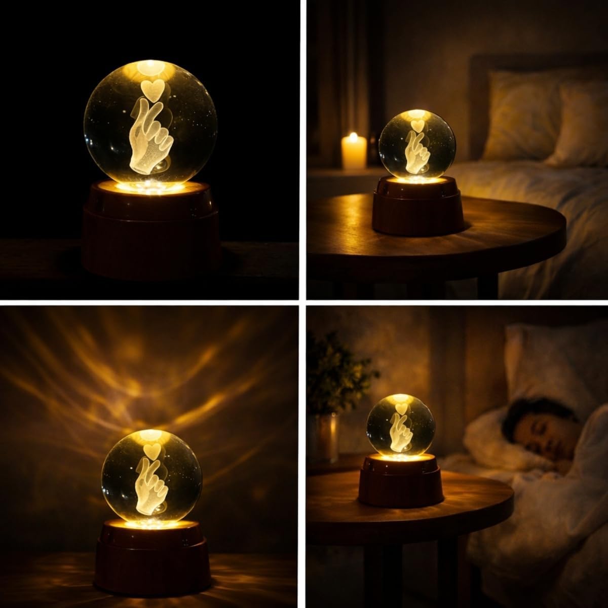 Alternative view of 3D Kristal Küre Gece Lambası, Parmak Kalp Tasarımlı, LED Aydınlatmalı, Ahşap Tabanlı, Romantik Hediye