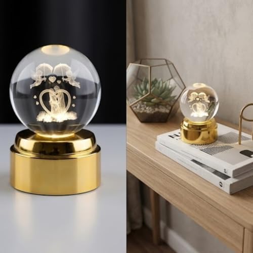 Alternative view of 3D Lazer Kazımalı Kristal Top Gece Lambası, Altın Rengi Tabanlı, USB Bağlantılı, Romantik Çift Temalı, Masa Dekoru