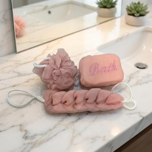 4 Parça Şeffaf Makyaj ve Banyo Çantası Seti - Pembe Banyo Lifi, Sırt Kesesi ve Mikrofiber El Havlusu - Su Geçirmez Seyahat Tipi Kozmetik Organizeri