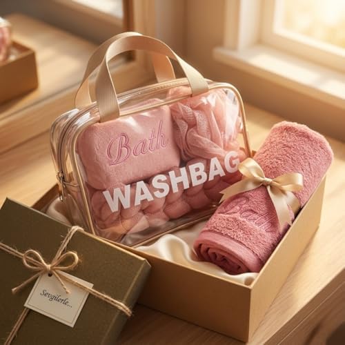 Alternative view of 4 Parça Şeffaf Makyaj ve Banyo Çantası Seti - Pembe Banyo Lifi, Sırt Kesesi ve Mikrofiber El Havlusu - Su Geçirmez Seyahat Tipi Kozmetik Organizeri
