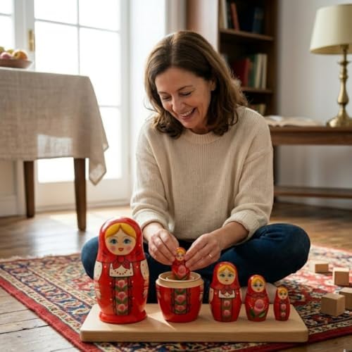 Matruşka Seti, Kırmızı, Ahşap, 6 Parça, El Yapımı, Eğitici, Çiçek Desenli, Dekoratif