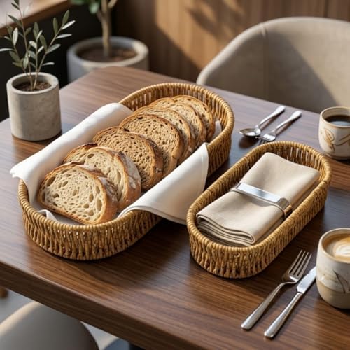 Oval Hasır Örgü Dekoratif Sepet Tepsisi, Doğal Renk, 2'li Set, Büyük 28x10x5 cm, Küçük 24x9x5 cm