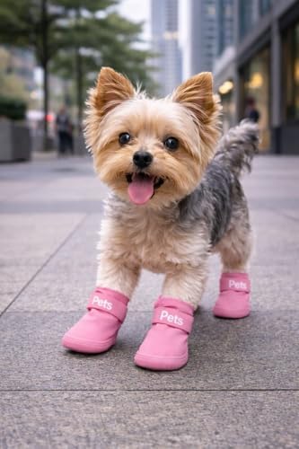Köpek Ayakkabısı 4’lü Set Su Geçirmez Kaymaz Tabanlı Köpek Botu Küçük Orta Irk Köpekler İçin Koruyucu Patik Yağmur Kar Çamur İçin Dayanıklı Evcil Hayvan Ayakkabısı Pembe (Small)