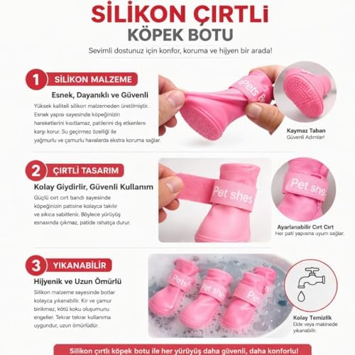 Alternative view of Köpek Ayakkabısı 4’lü Set Su Geçirmez Kaymaz Tabanlı Köpek Botu Küçük Orta Irk Köpekler İçin Koruyucu Patik Yağmur Kar Çamur İçin Dayanıklı Evcil Hayvan Ayakkabısı Pembe (Small)