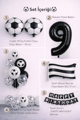 Siyah Beyaz 9 Yaş Futbol Temalı Doğum Günü Balon Seti