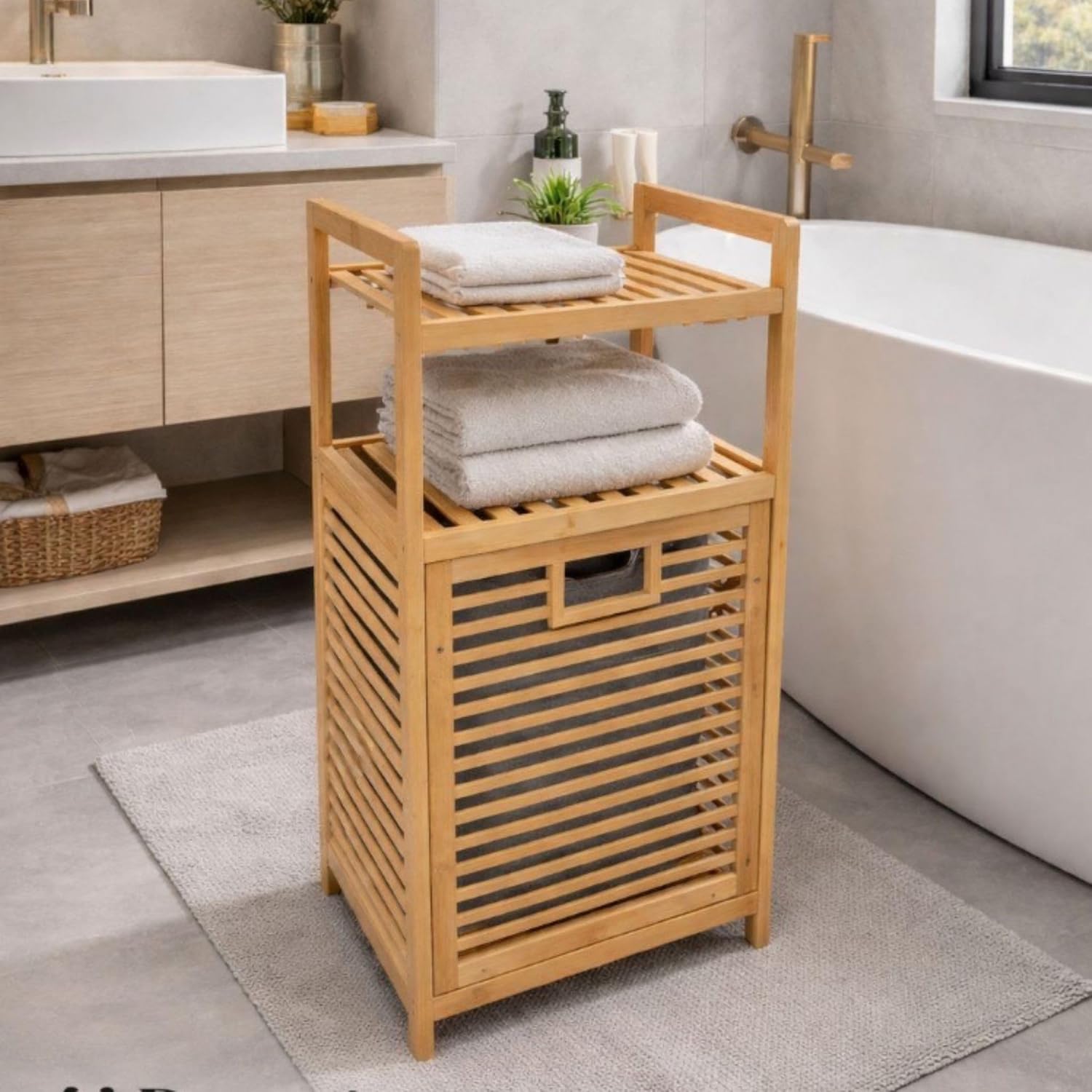 Alternative view of Bambu Çamaşır Sepeti ve Raflı Banyo Düzenleyici, Doğal Renk, 55 L Kapasiteli, Çıkarılabilir İç Sepetli