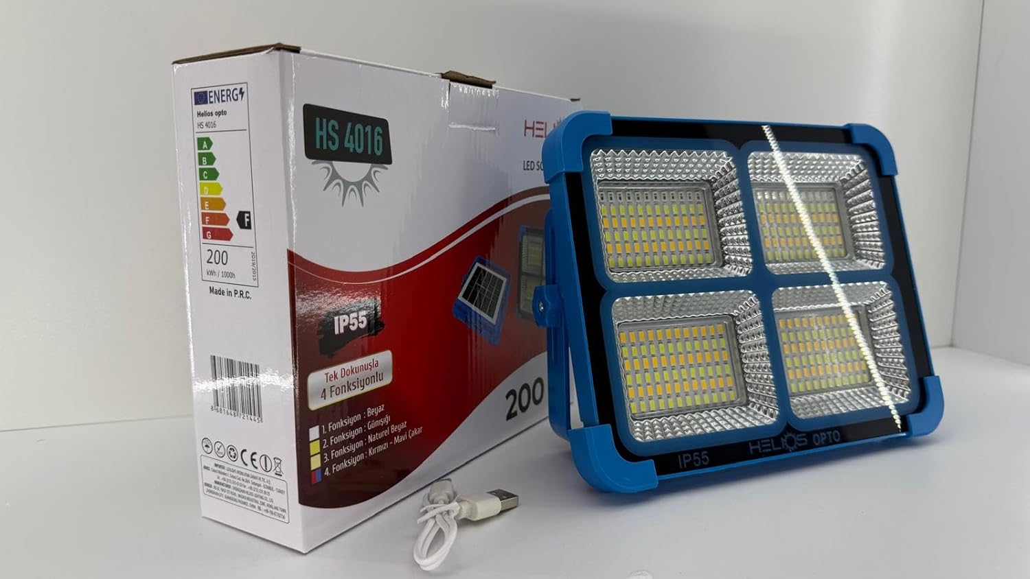 Alternative view of 200W Güneş Enerjili LED Projektör HS 4016 – IP55 Su Geçirmez, 4 Fonksiyonlu, Taşınabilir Şarjlı Işık