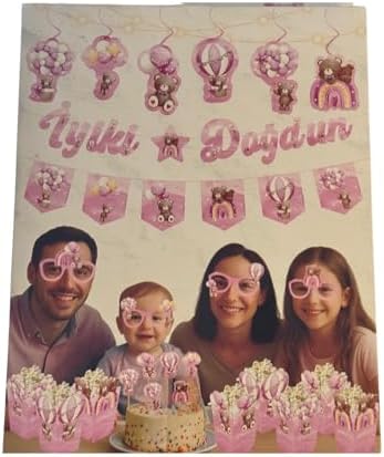 JL Ayıcık Temalı Doğum Günü Parti Seti, Pembe, 29 Parçalı, Banner, Tavan Sarkıt, 3D Gözlük, Pasta Figürü ve Mısır Kutusu (Pembe, Doğum Günü Konseptli Dekorasyon Paketi)