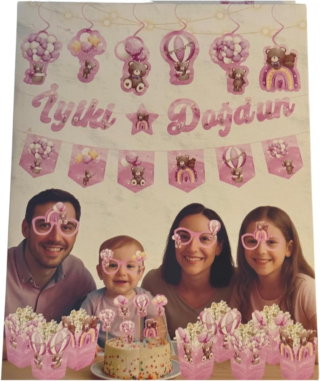 Alternative view of JL Ayıcık Temalı Doğum Günü Parti Seti, Pembe, 29 Parçalı, Banner, Tavan Sarkıt, 3D Gözlük, Pasta Figürü ve Mısır Kutusu (Pembe, Doğum Günü Konseptli Dekorasyon Paketi)