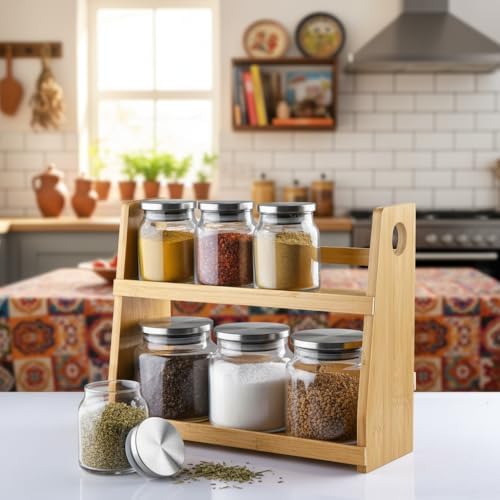 8 Parça Borosilikat Cam Baharatlık Seti (700 ml) - Paslanmaz Çelik Kapaklı ve Bambu Kapak Sçenekli 2 Katlı Bambu Standlı Tezgah Üstü Erzak Kabı ve Mutfak Düzenleyici Organizer (Bambu Kapak)