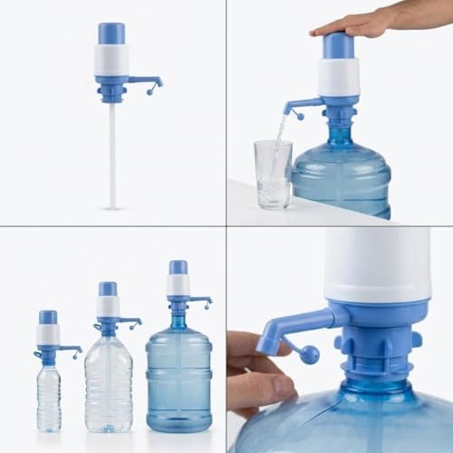 Manuel Su Pompası, Mavi ve Beyaz, Plastik, Büyük ve Küçük Şişelerle Uyumlu, Basmalı Dispenser