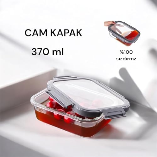 1 Adet 370 ml Borosilikat Cam Saklama Kabı - 4 Klipsli Kilitli Bambu Kapaklı Sızdırmaz Vakumlu Dikdörtgen Beslenme ve Erzak Kabı Dayanıklı Küçük Boy Porsiyonluk Kutu