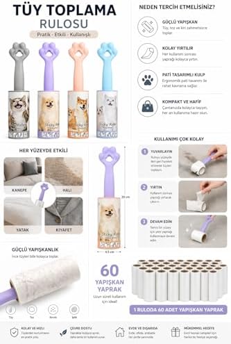 Alternative view of 4’lü Set Tüy Toplama Rulosu, 60 Yapraklı Güçlü Yapışkan Sticky Roller, Pati Tasarımlı Sap, Kedi Köpek Tüyü Temizleyici, Kıyafet Koltuk Halı ve Araç İçi İçin (20 cm)