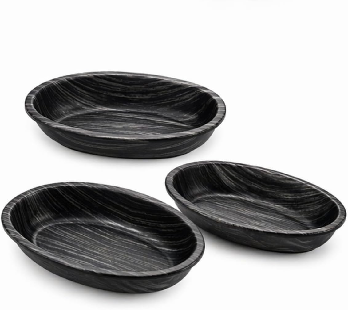 Alternative view of Siyah Oval Sunum Tabağı Seti, 3'lü, 26x16 cm, Modern Tasarım, Atıştırmalık ve Yemek Servisi için, Plastik 3 lü