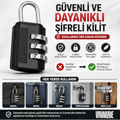 Alternative view of 3 Haneli Şifreli Asma Kilit 30mm – Metal Gövde, Bavul Çanta Dolap Spor Salonu için Güvenlik Kilidi