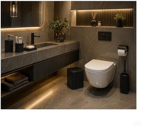 5 Parçalı Banyo Seti, Mat Siyah, Modern Tasarım, Çöp Kovası, Tuvalet Fırçası, Sıvı Sabunluk, Diş Fırçalık, Sabunluk