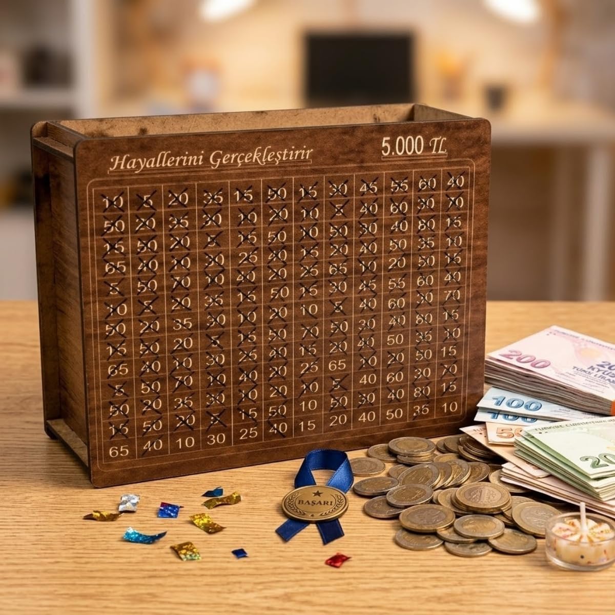 Ahşap Kumbara, 5.000 TL Birikim Hedefi, Tasarruf Kutusu, Kahverengi, 20x15 cm