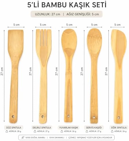 5 Parça Bambu Mutfak Kaşık Seti –%100 Doğal, Çizilmeye Karşı Korumalı, Dayanıklı, Hafif, Ergonomik, Tencere ve Tavalar ile Uyumlu, Sağlıklı ve Çevre Dostu Premium Set