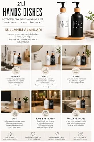 2’li Hands Dishes Siyah Beyaz Cam Sıvı Sabunluk Seti 500 ml, Bambu Standlı Dekoratif Mutfak & Banyo Sabunluk Dispenser Seti Şık Modern Tasarım