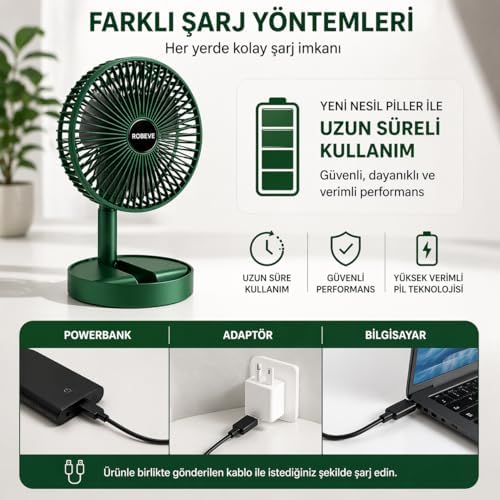 Alternative view of Masaüstü Şarjlı Vantilatör Katlanabilir Taşınabilir Fan – 3 Kademeli Hız, USB Şarjlı, Uzun Pil Ömrü, Sessiz Çalışma, Ofis Ev Seyahat İçin Mini Fan - Taşınabilir Vantilatör