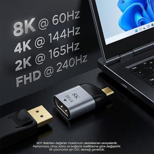 Alternative view of Type-C to DisplayPort 1.4 Çevirici Mini Adaptör - 8K'ya Kadar Destek - USB-C'den DP Görüntü Dönüştürücü - Alüminyum Gövde - Laptop Tablet Telefon Uyumlu - Tak Çalıştır