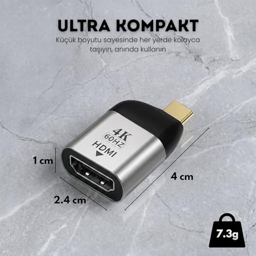 Type-C to HDMI 2.0 Çevirici Mini Adaptör - 4K'ya Kadar Destek - USB-C'den Hdmi Görüntü Dönüştürücü - Alüminyum Gövde - Laptop Tablet Telefon Uyumlu - Tak Çalıştır