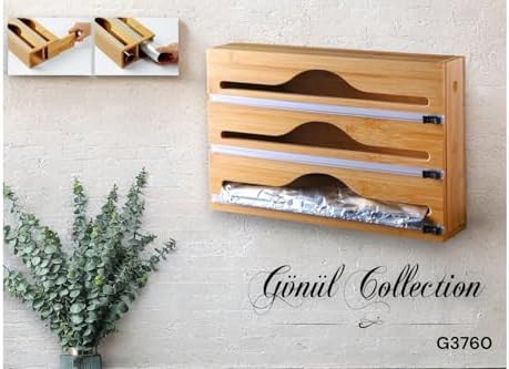 3 Bölmeli Doğal Bambu Folyoluk ve Streç Film Kesici Organizer - Sürgülü Bıçaklı Çekmece İçi Düzenleyici Pişirme Kağıdı ve Alüminyum Folyo Standı Mutfak Organizeri (35,5 x 22 x 7 cm)