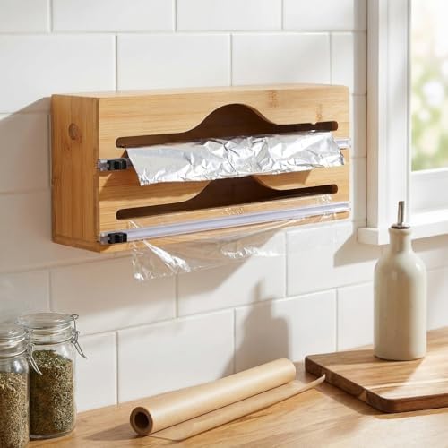Alternative view of 2 Bölmeli Doğal Bambu Folyoluk ve Streç Film Kesici Organizer - Sürgülü Bıçaklı Duvara Monte Edilebilir Çekmece İçi Düzenleyici Pişirme Kağıdı ve Alüminyum Folyo Standı (35,5 x 14 x 7 cm)