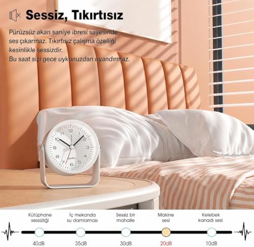 Alternative view of Sessiz Çalışan Mini Masa Saati | Akıcı Mekanizma, Gece Işıklı, Şık Dekoratif Beyaz