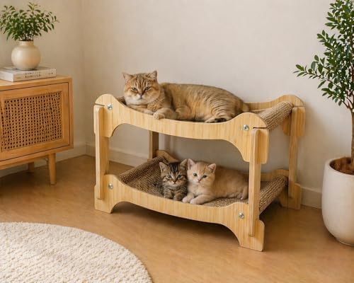 PUREZA Ahşap İki Katlı Kedi Yatağı & Dinlenme Standı – Hasır Yüzeyli (Çift Katlı Tasarım)