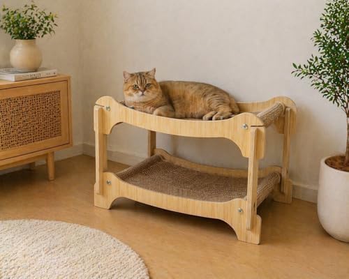 Alternative view of PUREZA Ahşap İki Katlı Kedi Yatağı & Dinlenme Standı – Hasır Yüzeyli (Çift Katlı Tasarım)