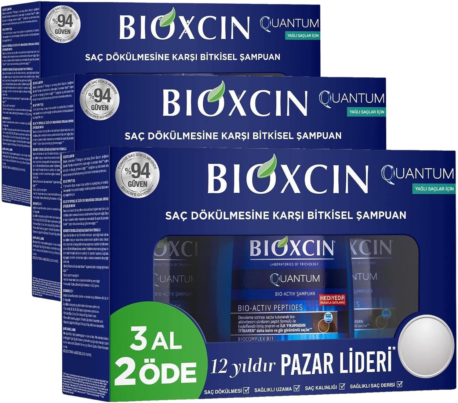 Quantum Şampuan 3 x 300 ml – Yağlı Saçlar İçin Sebum Dengeleyici ve Saç Dökülmesine Karşı Etkili Şampuan (3 Al 2 Öde Set) (3 paketi)