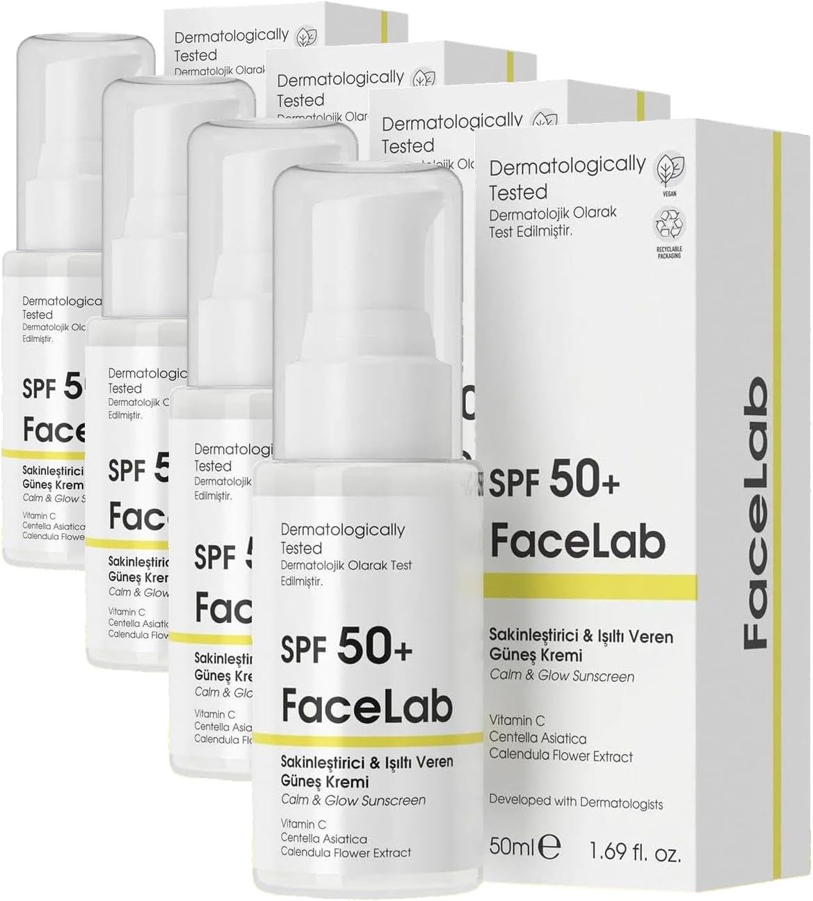 Alternative view of Facelab Sakinleştirici ve Işıltı Veren C Vitamini ve Centella İçerikli SPF 50 ve Güneş Kremi 50 ml (4 paketi)