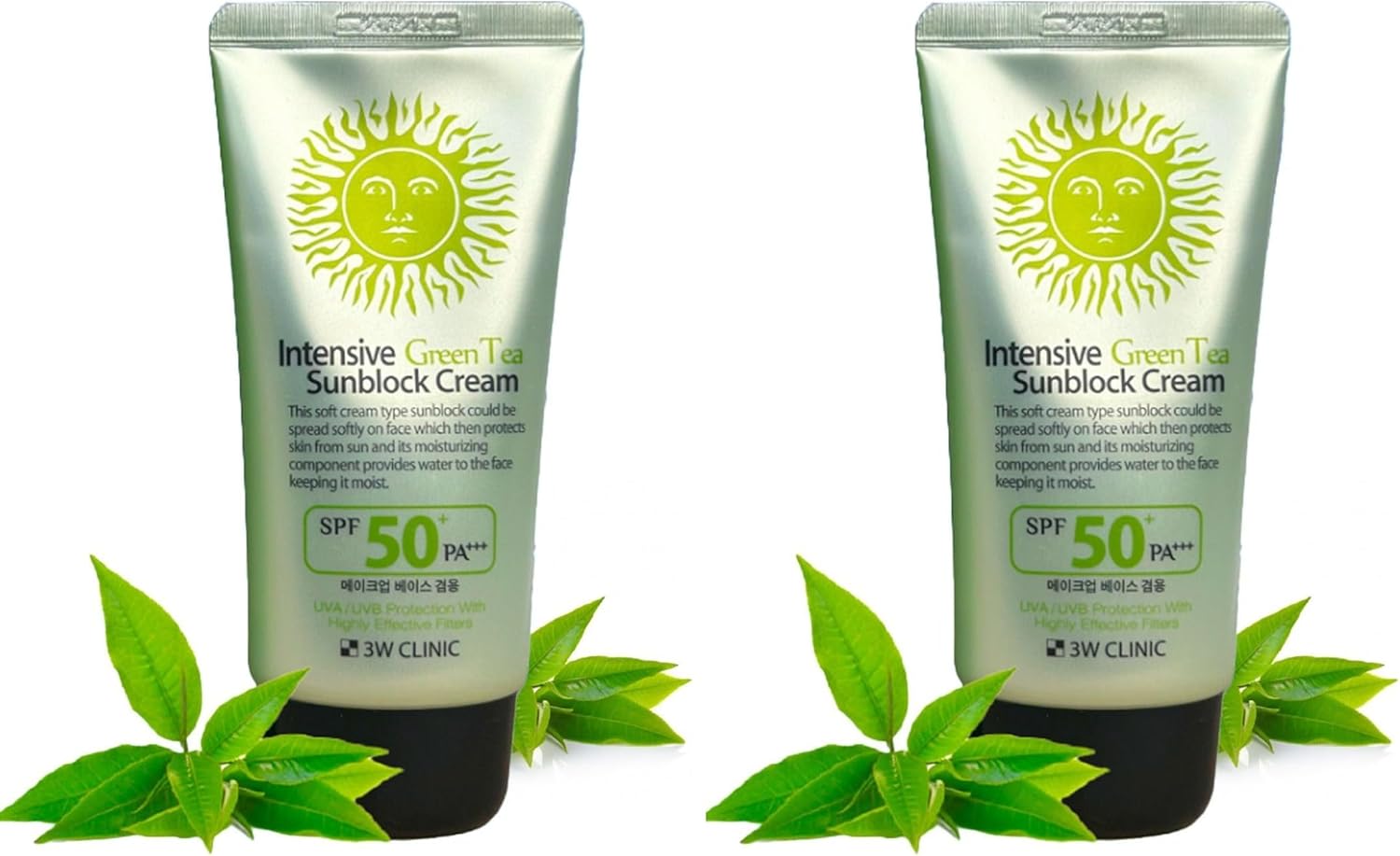 3W Clinic Yatıştırıcı ve Nemlendirici Yeşil Çay İçeren Büyük Boy Güneş Koruyucu 3W Clinic SPF 50+ PA +++ 70ml (2 paketi)