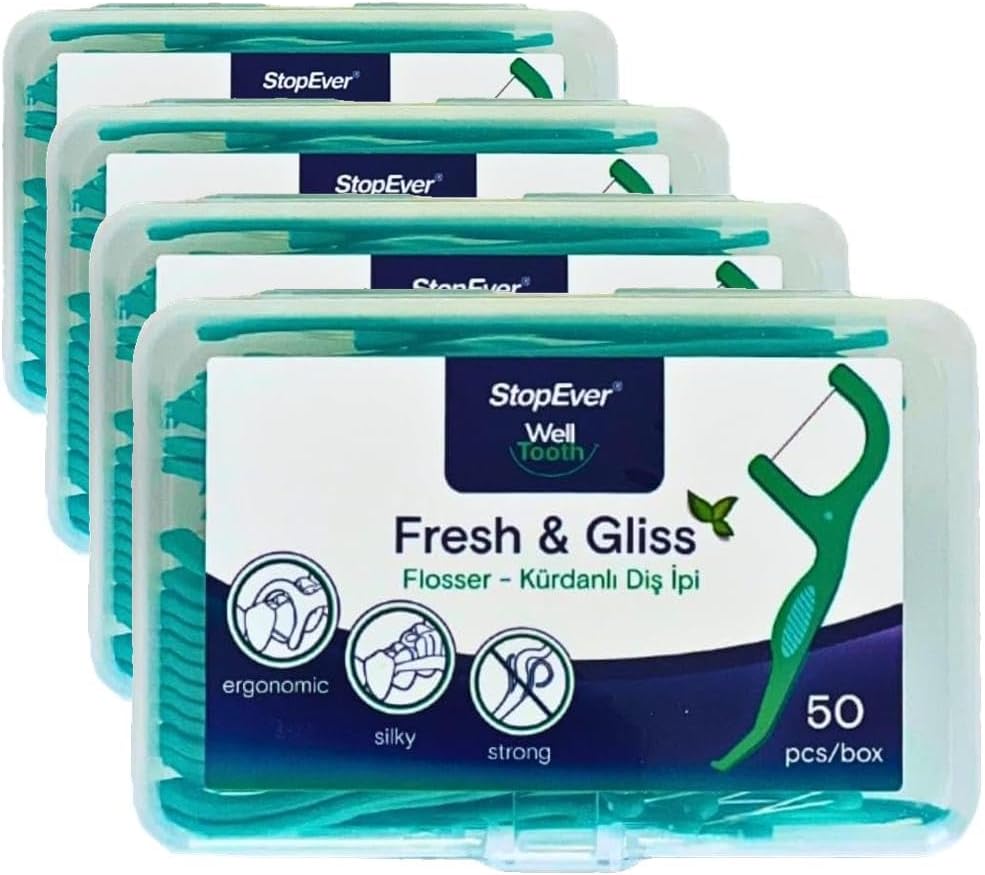 StopEver Fresh & Gliss Kürdanlı Diş İpi 3'lü Paket (150 Adet) | Nane Aromalı | Diş Arası Temizliği, Ağız Hijyeni ve Günlük Kullanım için İdeal | Plastik Kutulu ve Taşıma Kılıflı Hediyeli (4 paketi)