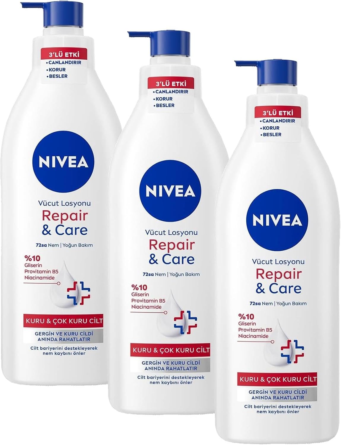 Yoğun Nemlendirici Repair & Care Vücut Losyonu 400ml, 72 Saat Nemlendirime, Kaşıntılı ve Hassas Ciltlere Özel, Onarıcı, Gliserin,Pro Vitamin B5,Niasinamid,Kuru Ciltler (3 paketi)