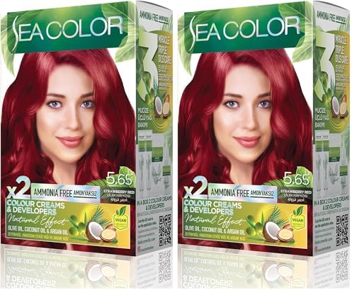 SEA COLOR Amonyaksız, Vegan, Doğal, Besleyici Kalıcı Saç Boyası%100 Beyaz Kapama (1 PAKET 2 x 50 ml Boya & OKSİDAN) (Çilek Kırmızısı 5.65) (2 paketi)