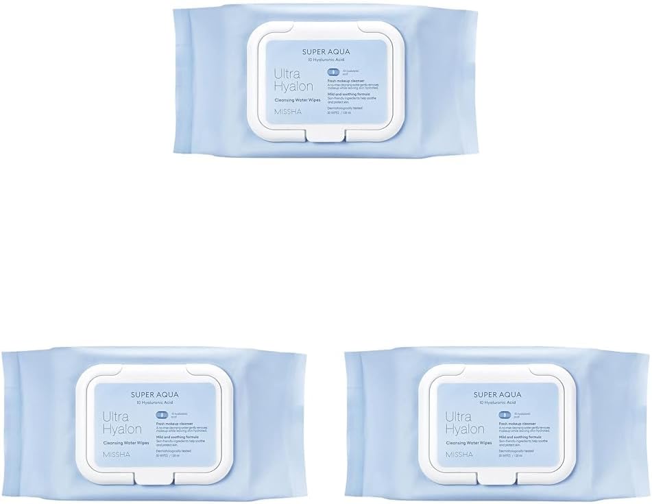 Hyalüronik Asitli, Su Bazlı Makyaj Temizleme Mendili Super Aqua Ultra Hyalon Cleansing Water Wipes (3 paketi)