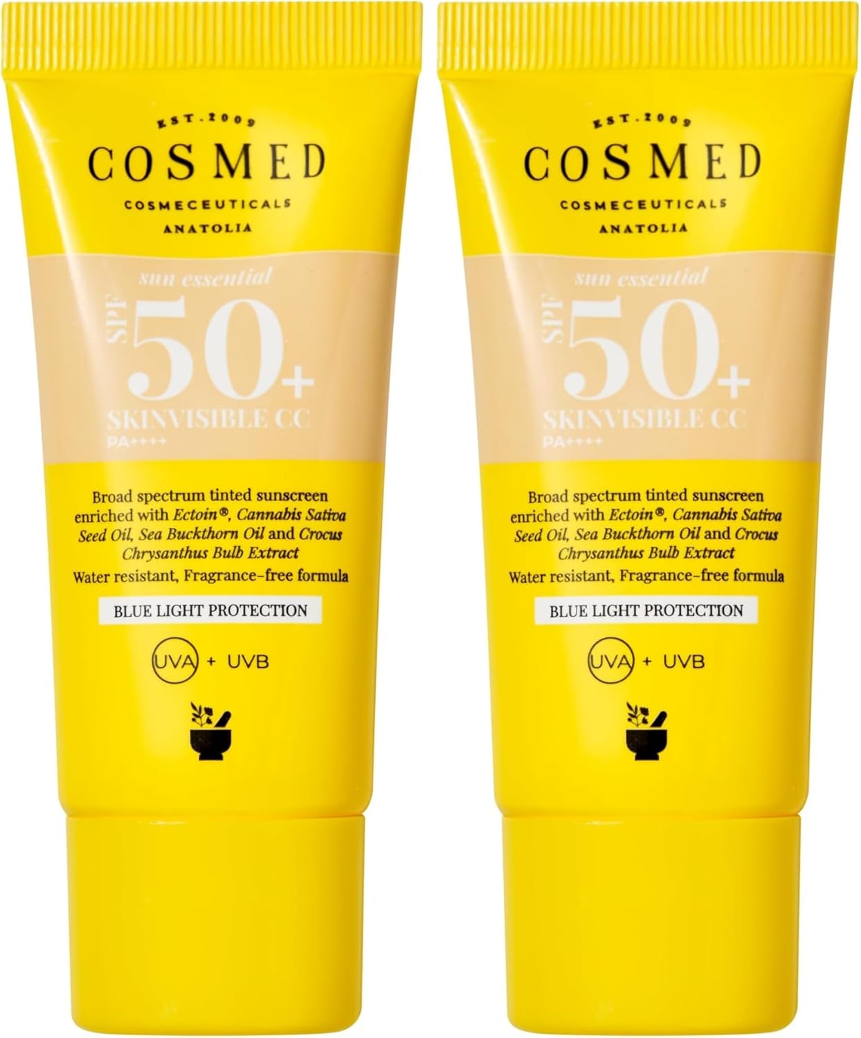 Cosmed Tüm Cilt Tipleri İçin Renkli Suya Dayanıklı SPF50+ Güneş Kremi - Skinvisible CC SPF50+ - 30 ml (2 paketi)