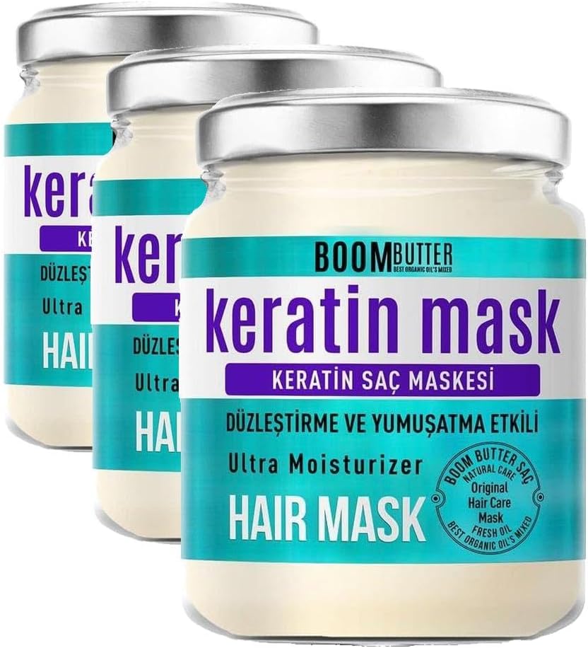 Boom Butter Güçlendirici & Onarıcı Keratin Saç Maskesi, Kırılma Karşıtı & Yoğun Besleyici, Yıpranmış Saçlar İçin, Derinlemesine Nemlendirici & Parlaklık Veren Bakım, 190 ML (3 paketi)