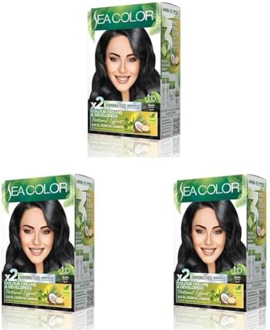 SEA COLOR Amonyaksız, Vegan, Doğal, Besleyici Kalıcı Saç Boyası%100 Beyaz Kapama (1 PAKET 2 x 50 ml Boya & OKSİDAN)(Siyah 1.0) (3 paketi)