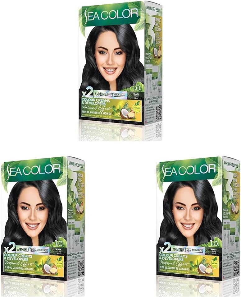 Alternative view of SEA COLOR Amonyaksız, Vegan, Doğal, Besleyici Kalıcı Saç Boyası%100 Beyaz Kapama (1 PAKET 2 x 50 ml Boya & OKSİDAN)(Siyah 1.0) (3 paketi)