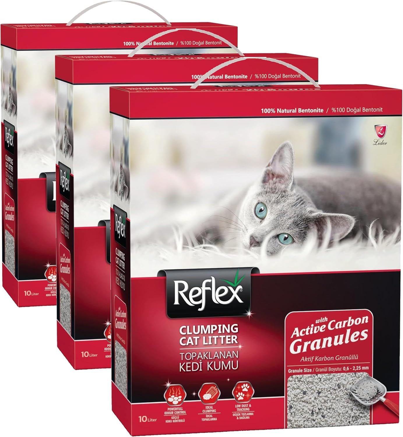 Reflex Aktif Karbon Granüllü Topaklanan Kedi Kumu 10 Lt (3 paketi)